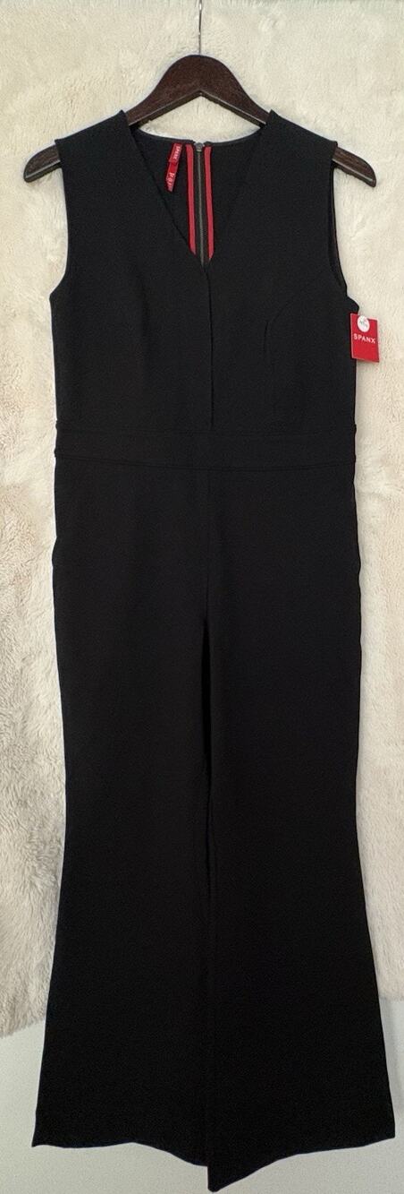 New Spanx Black Ponte Sleeveless V-Neck Zip-Front Wide-Leg Jumpsuit Petit. M siz